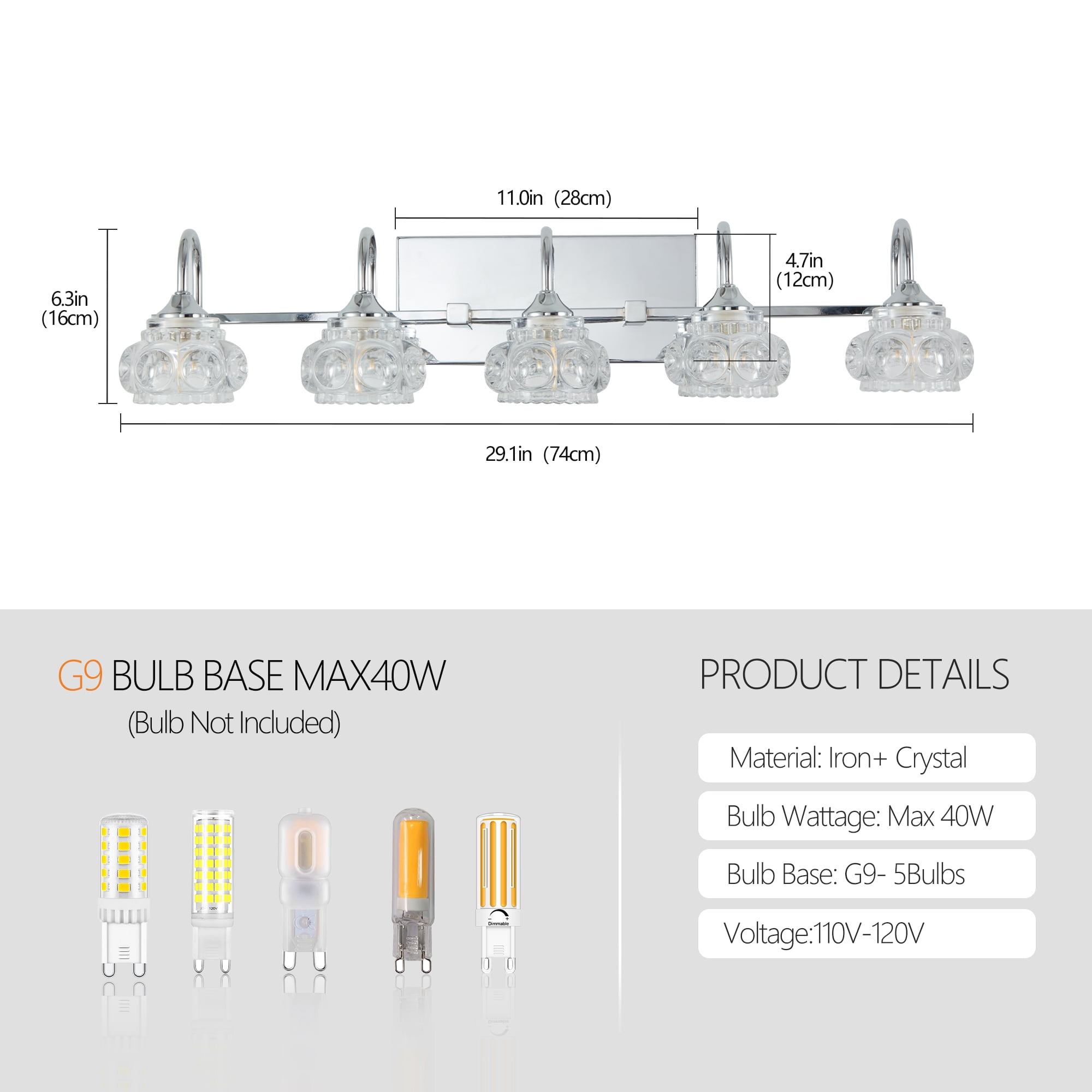 5-Light Bathroom Light Fixtures, Nickel Modern Bathroom 29.1in Vanity Lights with Flower Glass Shade, Bathroom Wall Lamp for Mirror Cabinet Porch, E12