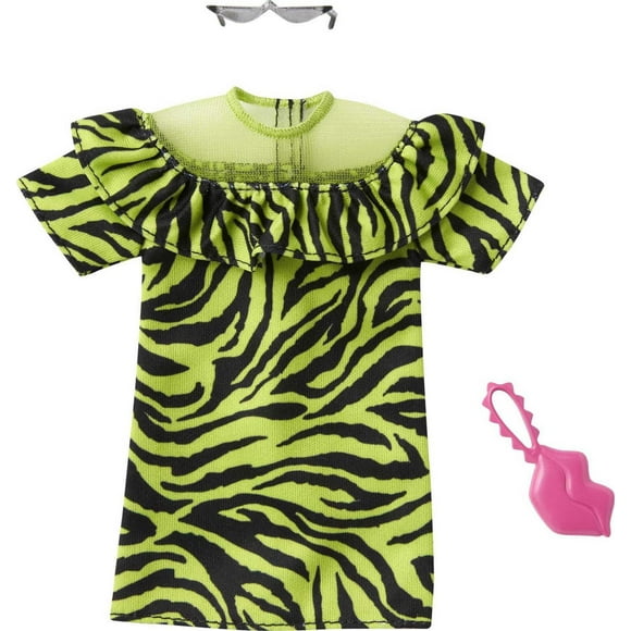 Barbie Fashion Pack with Green & Black Zebra Print Mini Dress with Ruffled & Sheer Neck Details, Lip-shaped Purse & Sunglasses, Doll Clothes for Kids 3 to 8 Years Old