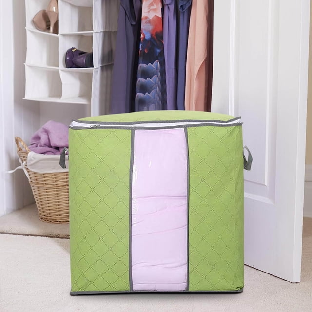 Qaailabf Visual Non-Woven Quilt Storage Bag, Green Foldable Clothing Organizer, Breathable Fabric Comforter Container, Transparent Bedding Sorting Bag for Home Organization and Travel