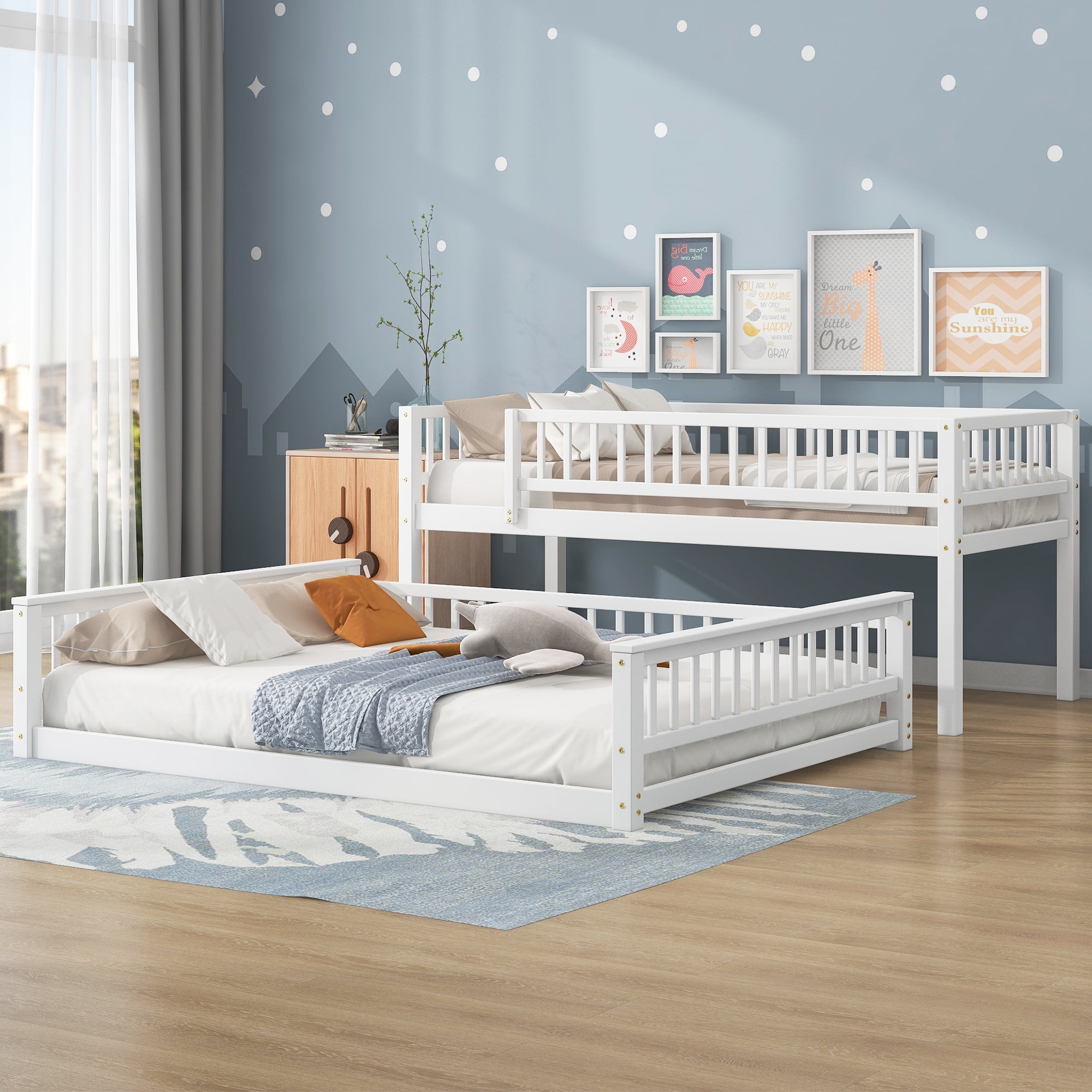 Euroco Wood Twin XL over Queen Size Bunk Bed, 2-in-1 Bed for Kids Teens Adults, Divided 2 Single Platform Beds, White