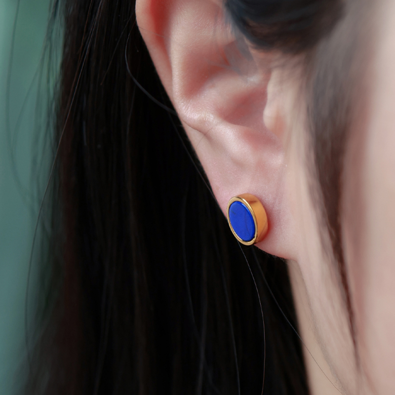 24K Gold Plated Lapis Lazuli Stud Earrings – Round Natural Blue Gemstone, Hypoallergenic Minimalist Geometric Jewelry for Women & Men with RTT Jewelry Box