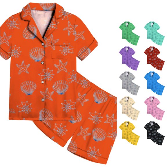 FYDUU Girls Pajamas Set Cute Cartoon Print Short Sleeve Button Down Sleepwear for Kids Casual Loungewear Summer Nightwear Outfits 8-9 Years