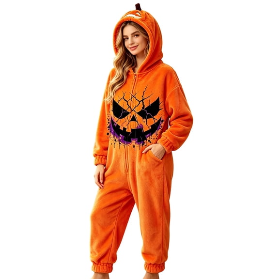 YUEHUA Adult Halloween Cozy Onesie, Men Women Unisex Hooded Zipper Jumpsuit, Orange Pumpkin Face Print Relax Loungewear for Couple Indoor Wear
