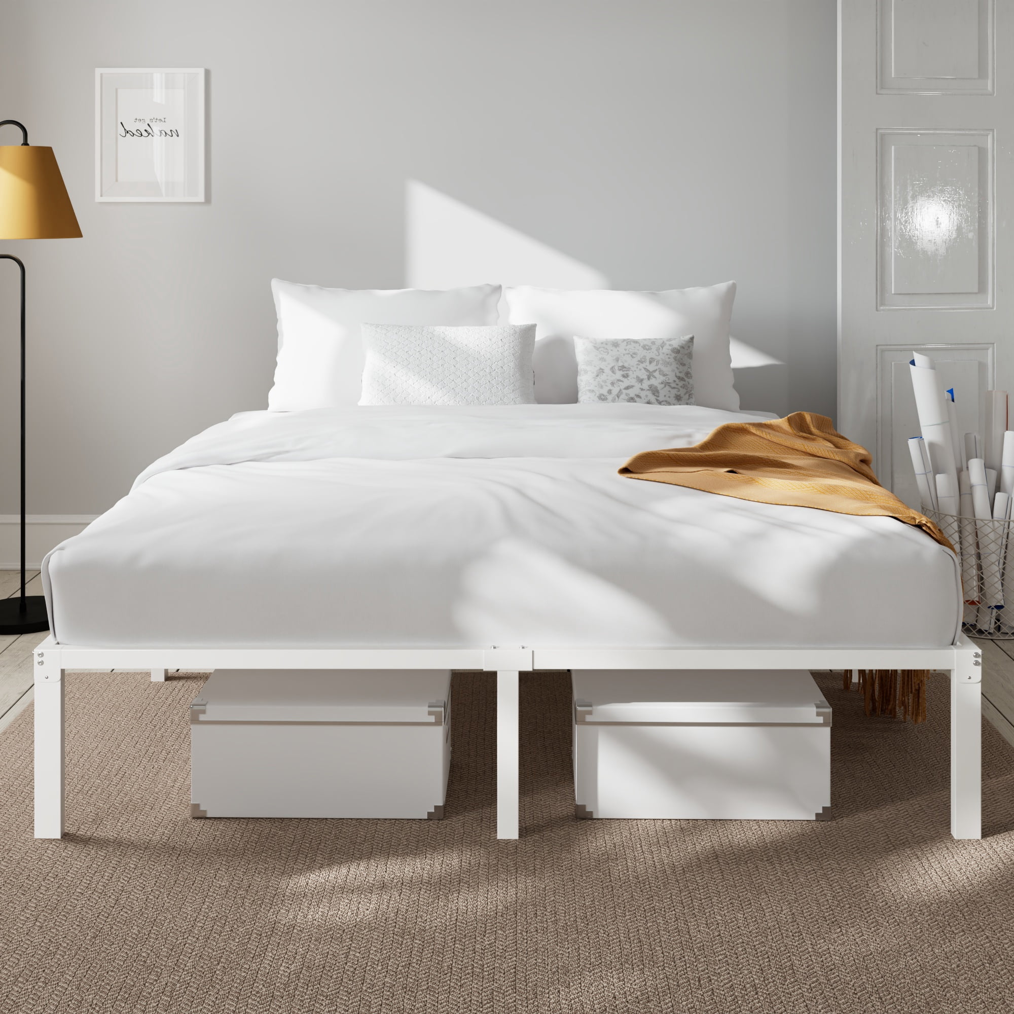 Amolife Heavy Duty King Size 14'' Metal Platform Bed Frame with Ample Under Bed Storage Space, White