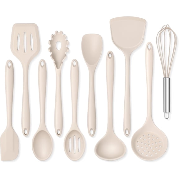 Silicone Cooking Utensils Set of 10, Kitchen Utensils for Nonstick Cookware, Heat Resistant & Nontoxic Spatula Set- Khaki