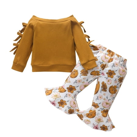 

Zlekejiko Toddler Boys Girls Long Sleeve Prints Pullover Tops Flowers Prints Trumpet Pants Outfits