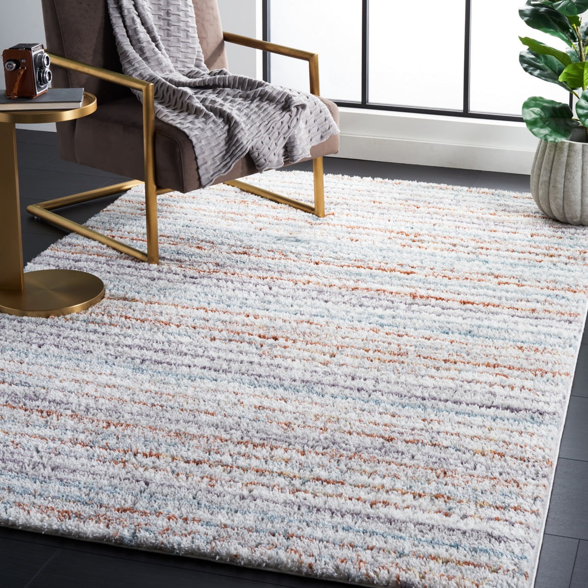 SAFAVIEH Berber Dayna Abstract Shag Area Rug, 4'5" x 6'5", Blue Rust/Ivory