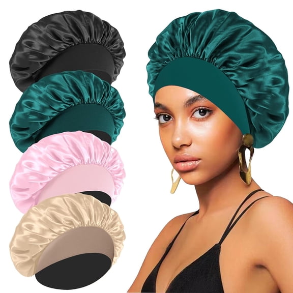 4 Pack Silk & Satin Bonnets for Women/Men , Extra Wide Band Hair Wrap Cap for Curly & Natural Hair , Sleeping & Shower Protection (Black/Peacock Blue/Pink/Khaki)