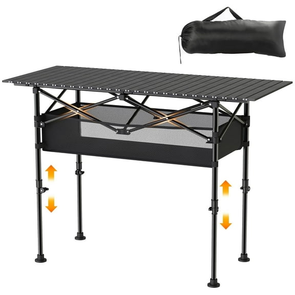 Camping Table with Mesh Basket, Folding Camp Aluminum Lightweight Roll up Table, Height Adjustable Metal Outdoor Table for Camp, Cooking, BBQ, Bcakyard, Picnic, Black