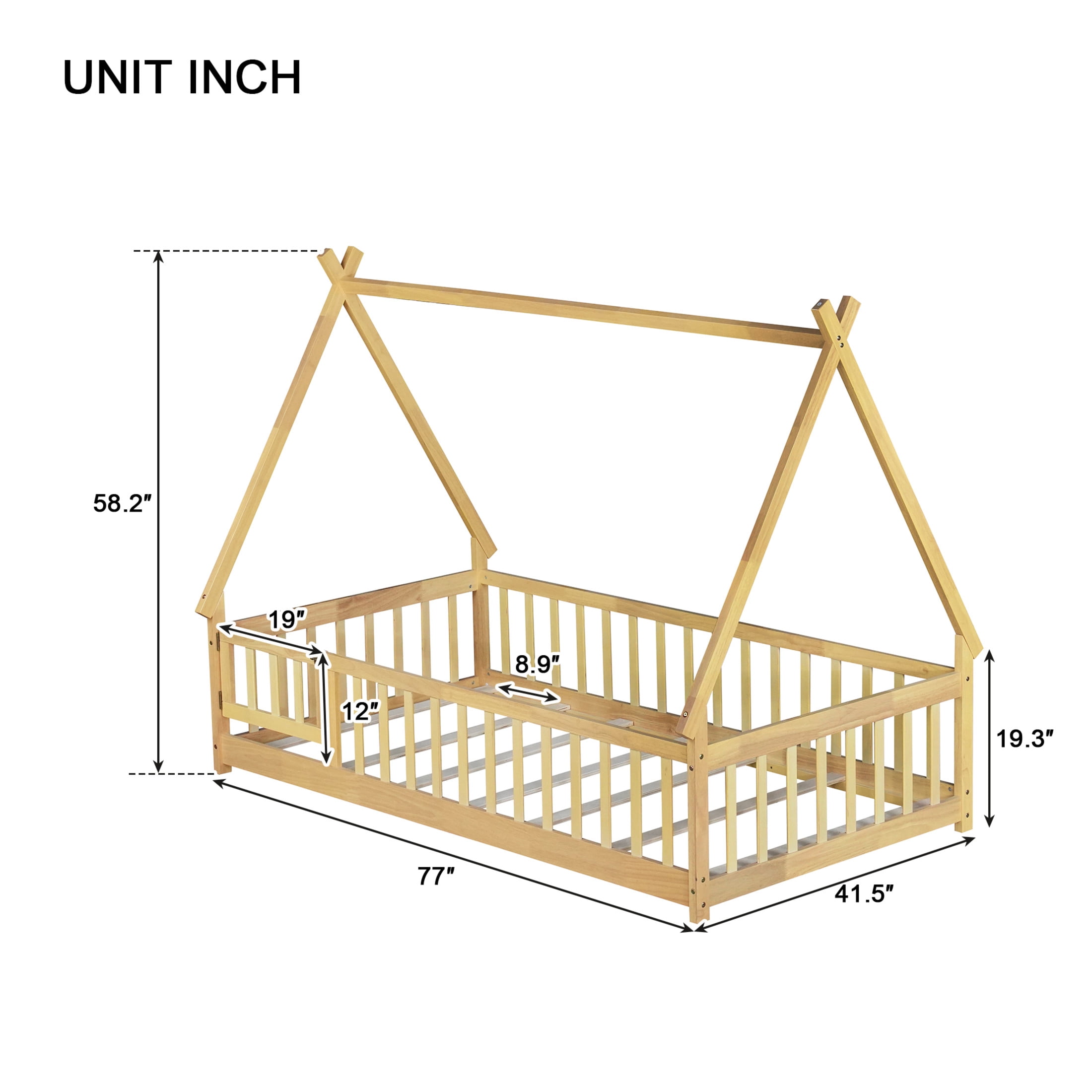 Noble House Misty Twin Teepee Floor Bed with Safety Fence and Door, Solid Rubber Wood Tent Bed, Kid's Room, Natural