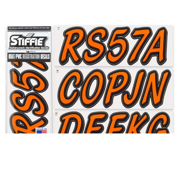 STIFFIE Whipline Solid Orange/Black 3" Alpha-Numeric Registration Identification Numbers Stickers Decals for Boats & Personal Watercraft