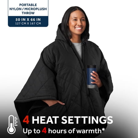 SUNBEAM ON-THE-GO CORDLESS HEATED THROW BLANKET WITH HOOD, BLACK NYLON/MICROPLUSH, 50X66