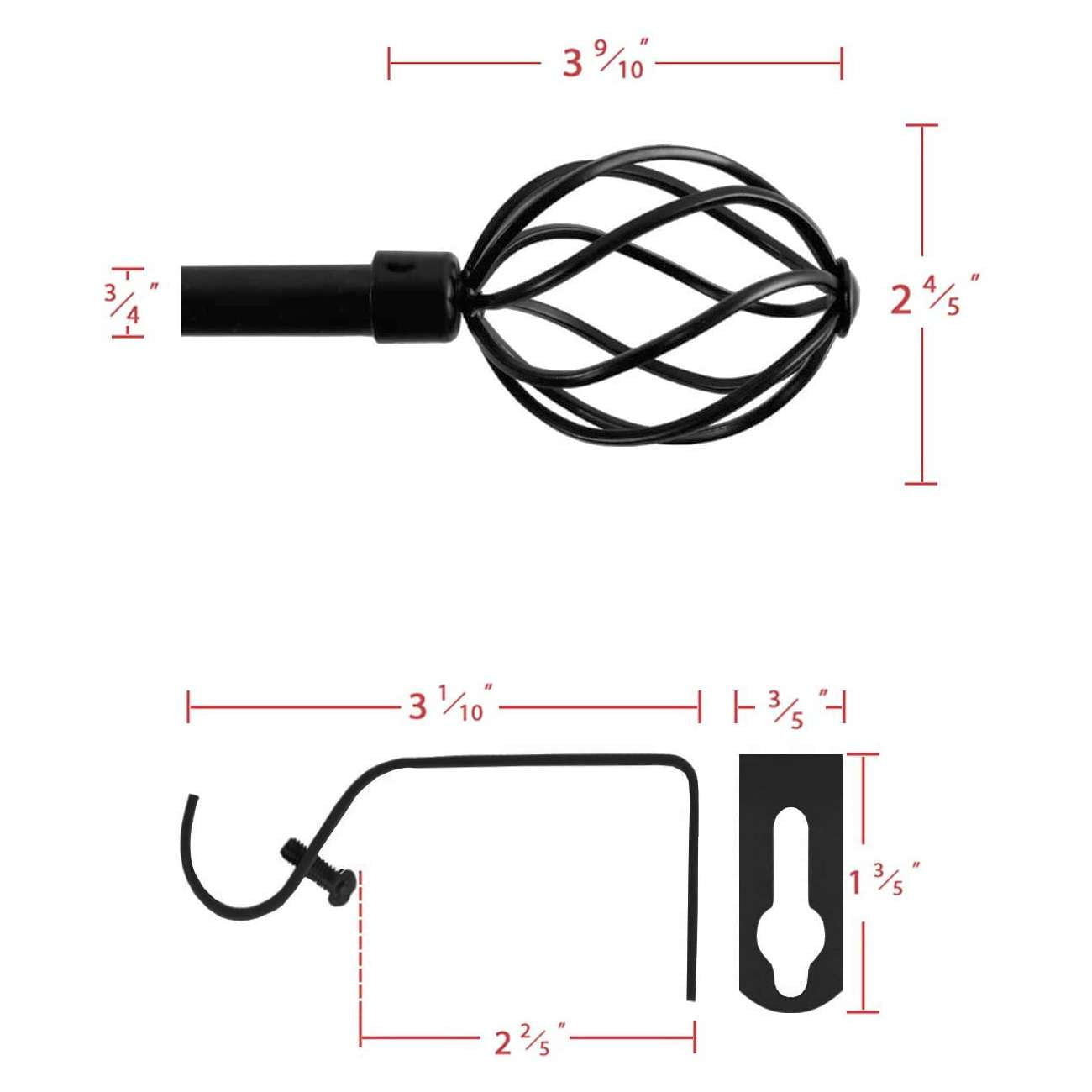 H.VERSAILTEX Adjustable Twist Cage Single Curtain Rod Set 3/4in Diameter 66-120in , Black