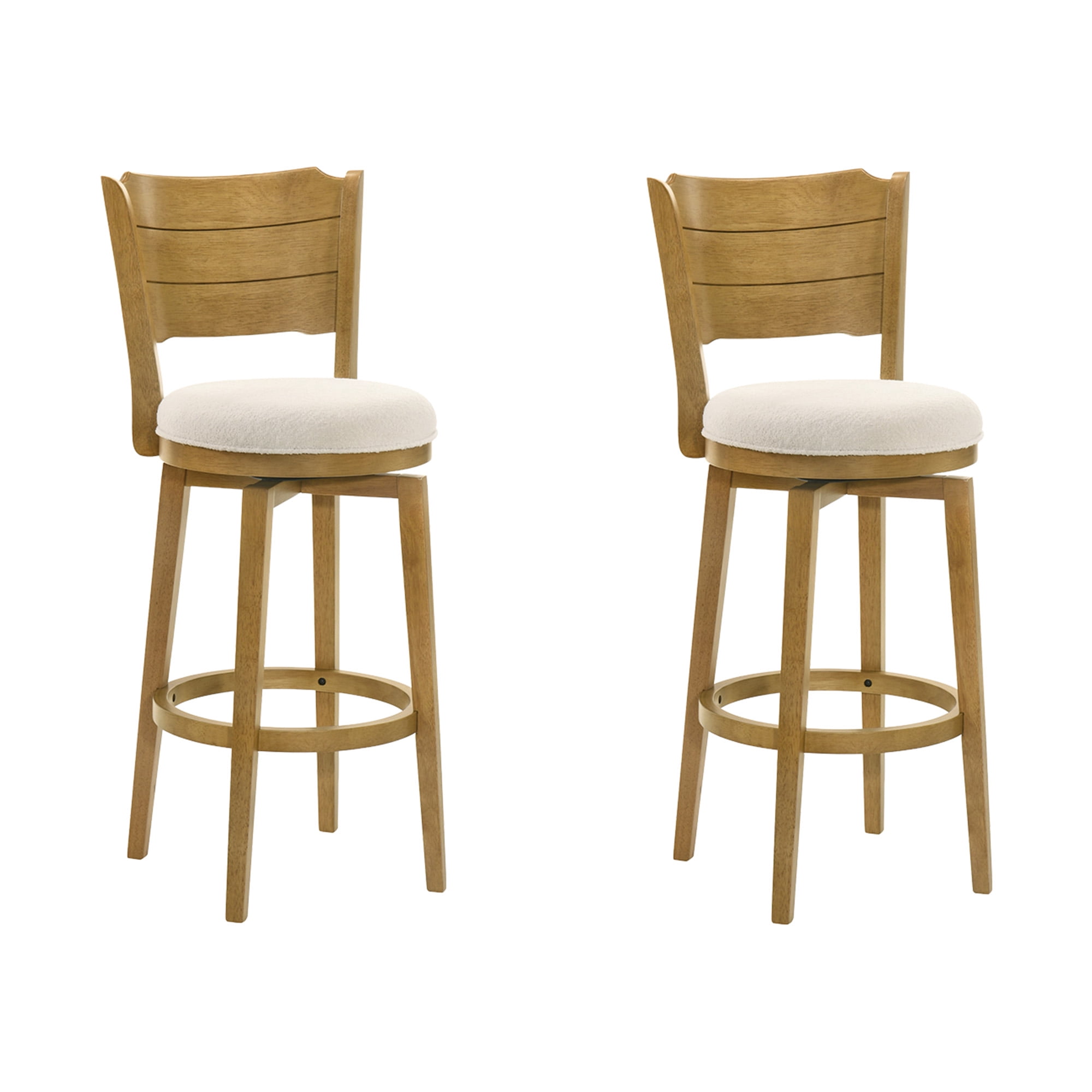 Winsley Coastal Modern Swivel Wood Bar Height Kitchen Bar Stool in Amber Glow Finish with White Boucle Fabric Upholstered Seat - Set of 2