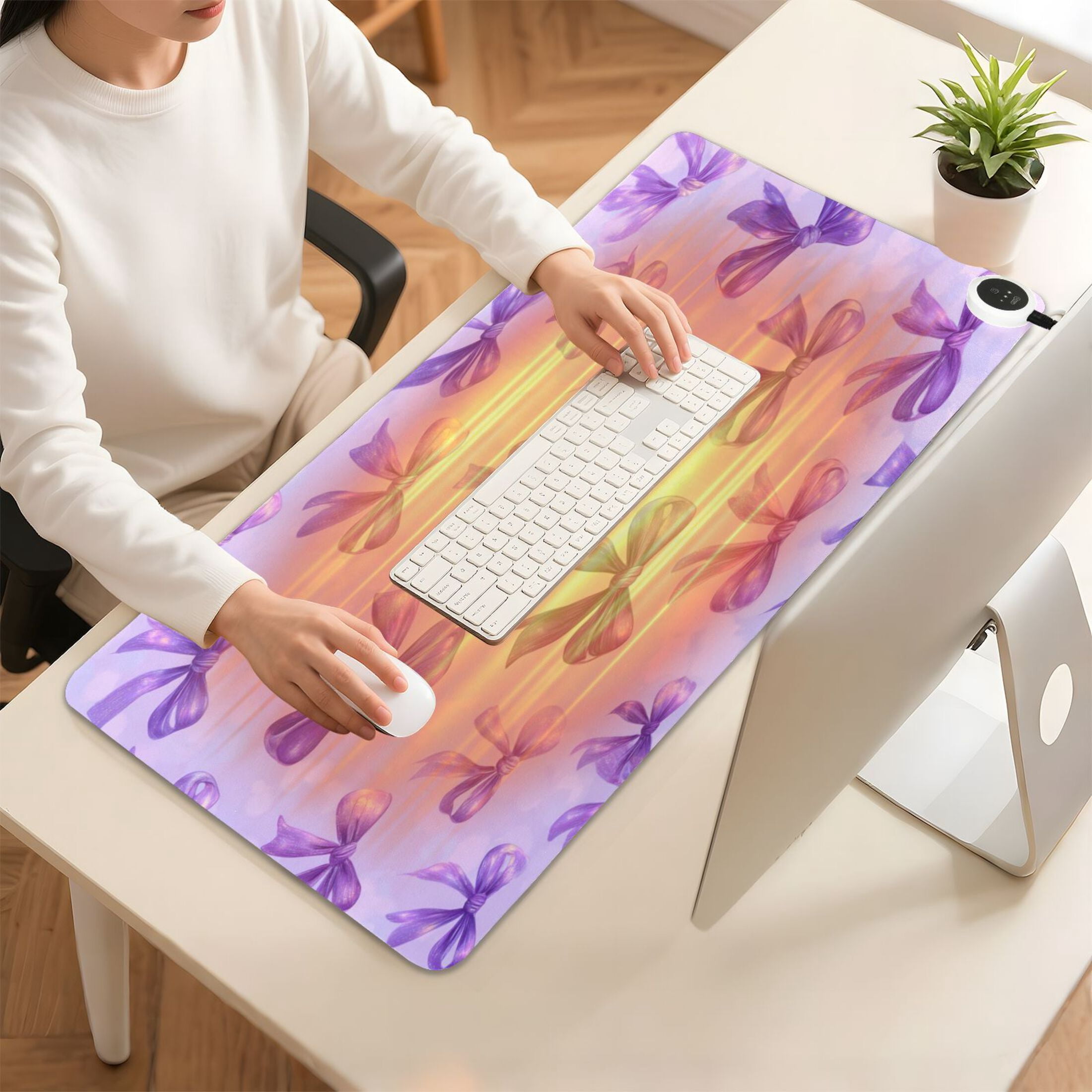 Large Heated Desk Mat Mouse Pad 31.5"x13"PU Leather Graphene Heating Desk Warmer with 3 Temperature Settings 110V US Plug Non-Slip Warm Pad for Home, Office, and Gaming Vibrant Purple Bows Pattern