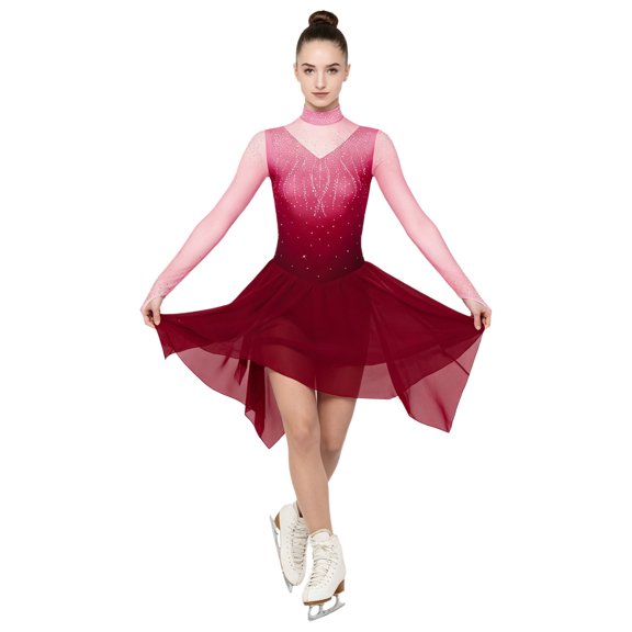 Kaerm Women Long Sleeve Gradient Color Rhinestone Figure Skating Dress Burgundy M