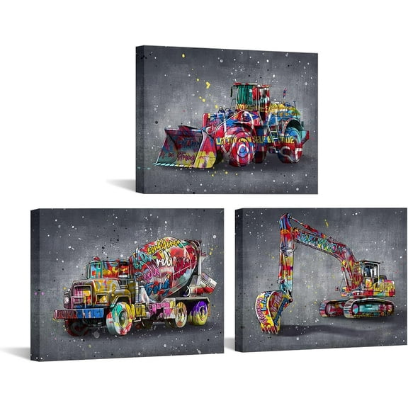 Hieng Truck Canvas Wall Art Boys Room Decor Construction Vehicles Car Pictures for Kids Bedroom Graffiti Painting Art Prints Poster Nursery Home Decorations Unframed