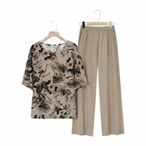 Runfenguu Vacation Outfits For Women 2025 Women'S Plus Size Set Printed Short Sleeved Solid Color Pants Casual Loose Short Sleeved Round Neck Top/Shirt Set