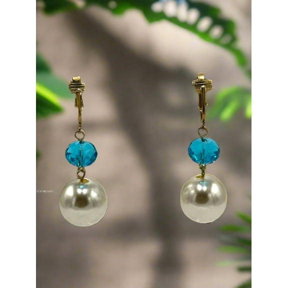 Clip on 2 1/4" gold, turquoise bead and pearl dangle earrings
