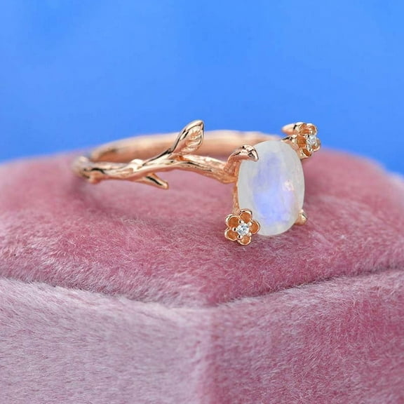 Dainty Natural Moonstone Leaf Ring, 2Ct Oval Cut Twig Moonstone Ring, Rose Gold Ring Unique Curved Floral Ring, Size 4