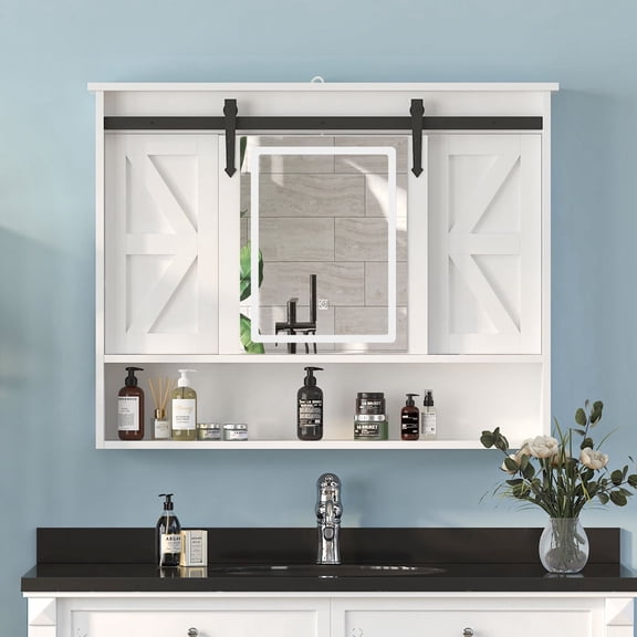Hironpal Farmhouse Light Medicine Cabinet with Mirror,34" x 27" Sliding Barn Door Cabinet with 3-Color Light,White