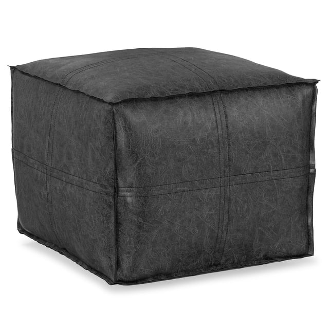 Simpli Home Brody Boho Square Pouf in Distressed Black Faux Leather
