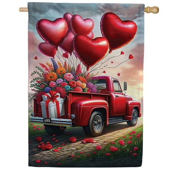 America Forever Vintage Valentines Delivery Truck Double Sided House Flag 28 x 40 inch Red Pickup Bouquet Heart Balloons Romantic Holiday Decorative Yard Outdoor Banner