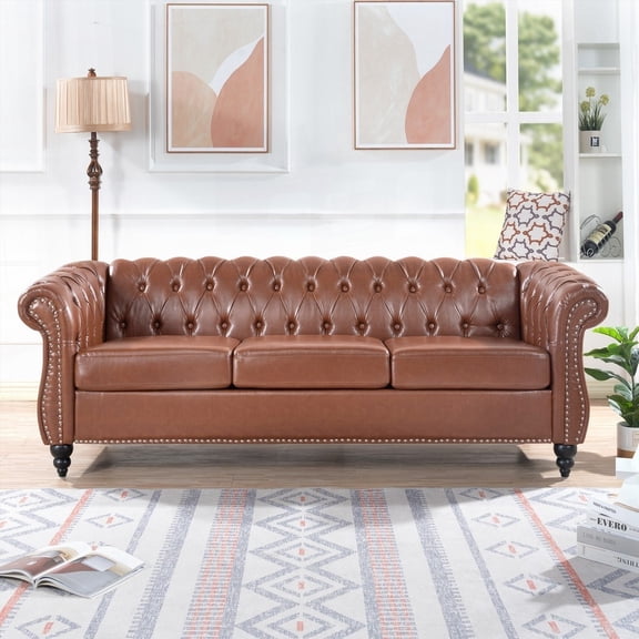 Modern Brown PU Rolled Arm Chesterfield Three-Seater Sofa 84.65" with Solid Wood Frame