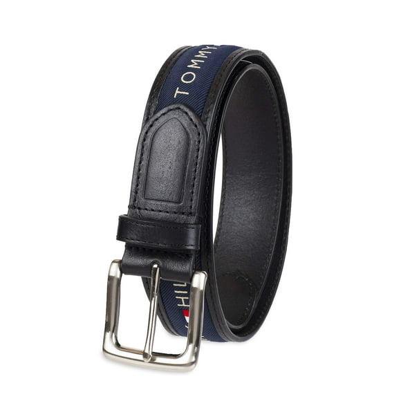 Cinturón Tommy Hilfiger con cinta incrustada en negro y azul marino para hombre, talla 40