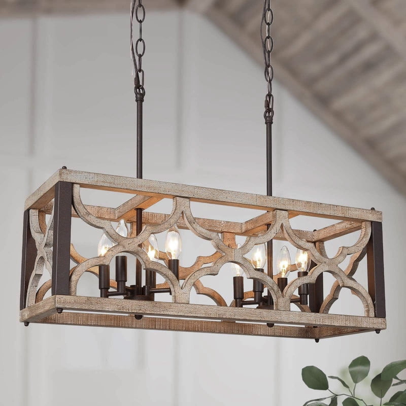LNC 8-Light Distressed Wood and Bronze Linear LED Farmhouse Chandelier