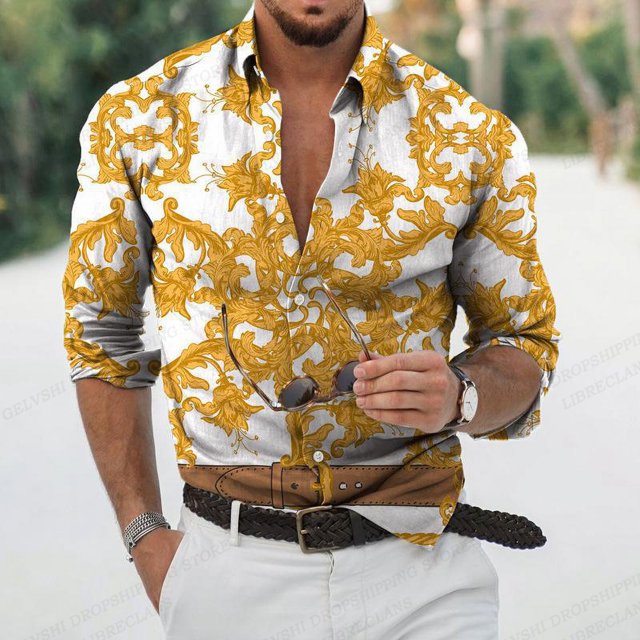 Camisas hawaianas doradas, camisas de moda para hombres, camisas florales de lujo, blusas de playa de manga larga, camisas de estilo europeo, cadena de ropa para hombres