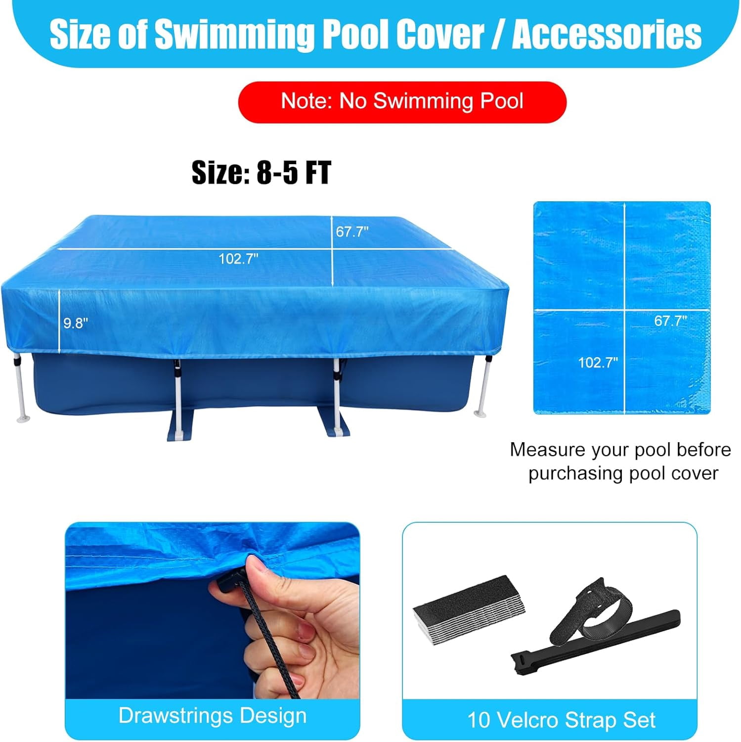 102" x 67" Rectangular Pool Covers for 8.5 ft x 5.6 ft Rectangle Frame Swimming Pools 102 X 63 Durable PE Tarpaulin Dust Proof Rain Proof Garden Outdoor