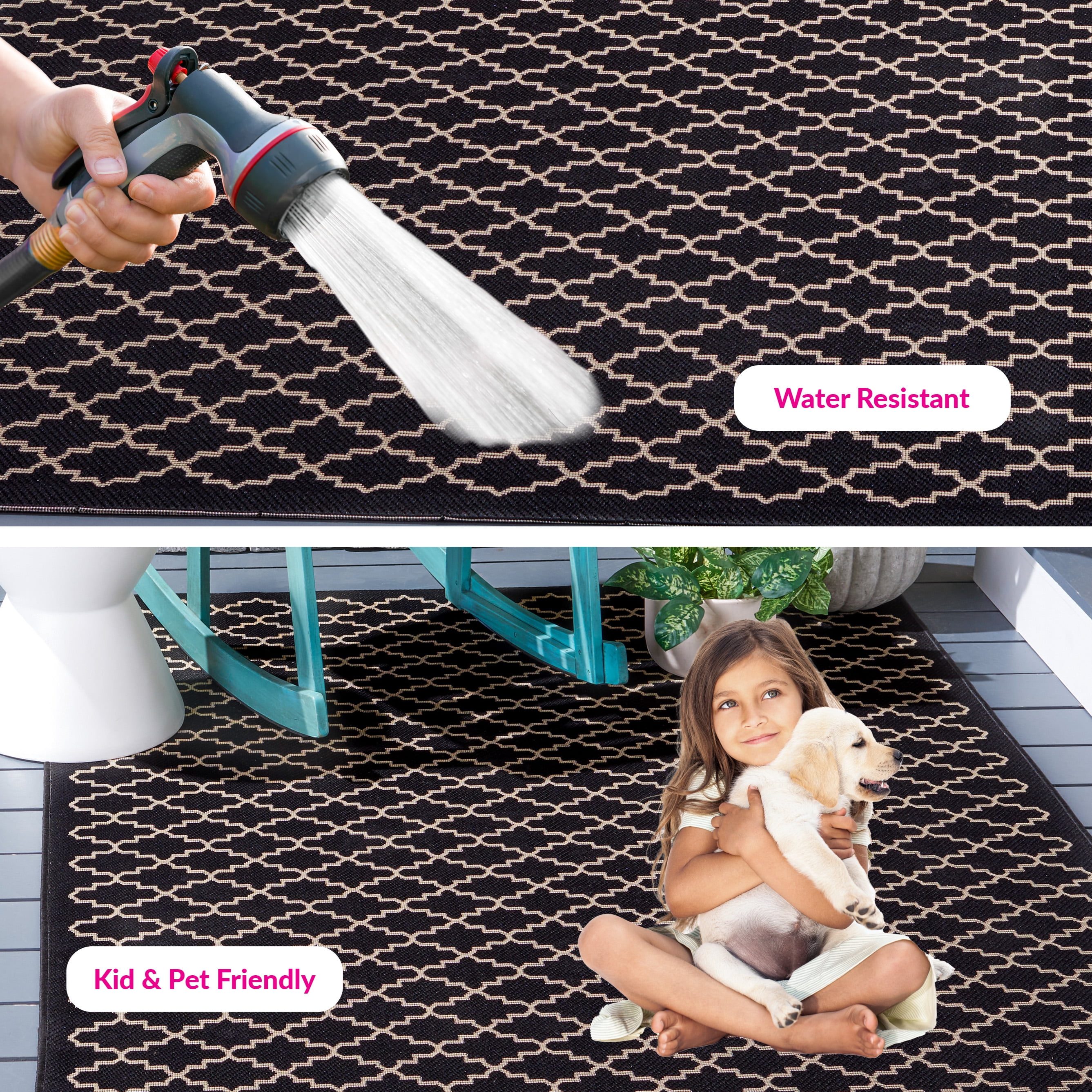 Safavieh Courtyard Hilbert Geometric Indoor/Outdoor Area Rug, Black/Beige, 5'3" x 7'7"
