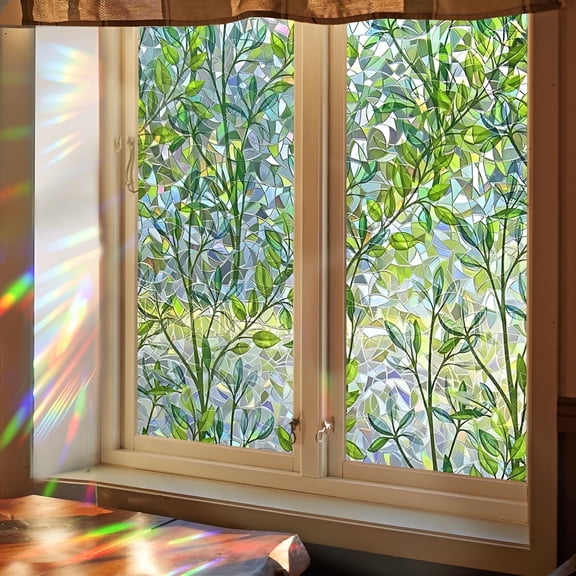 CCOCC Window Privacy Film Stained Glass,Window Film Privacy Decorative,Rainbow Window Clings Non-Adhesive Reusable Decorative for Room (Leaf,17.5 x 78.7 in)