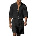 thumbnail image 2 of Hrsba Men Outfits 2 Piece Set, Solid Color Linen Button Lapel Long Sleeve Shirt and Drawstring Elastic Waist Shorts Summer Beach Set, 2 of 5