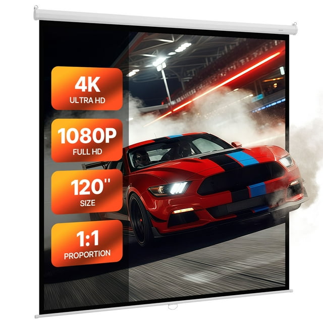 VEVOR Manual Projector Screen, 120 inch 1:1 4K 1080 HD Retractable Pull Down Projector Screen, Wall Mounted Movie Projection with Pull Rope, Portable Display Projectoin