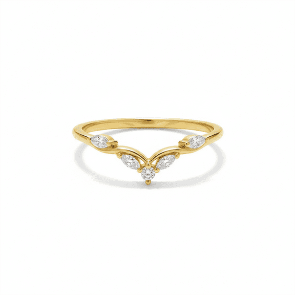 Marquise Daimond Curve Band Chevron Ring, Stackable Wedding Band Ring, Dainty Crown Bridal Ring, Minimalist Five Moissanite Ring.