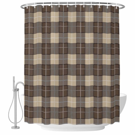 Brown Check Plaid Fabric Shower Curtain Geometric Pattern Washable Shower Curtains for Bathroom, Waterproof Bath Curtain with Hooks Home Decor 36x72in