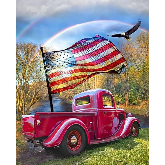 5D DIY Diamond Painting Set "Red Truck" Round Diamond Art Crafts for Adults, Suitable for Wall Decoration, Bedroom and Home Decoration