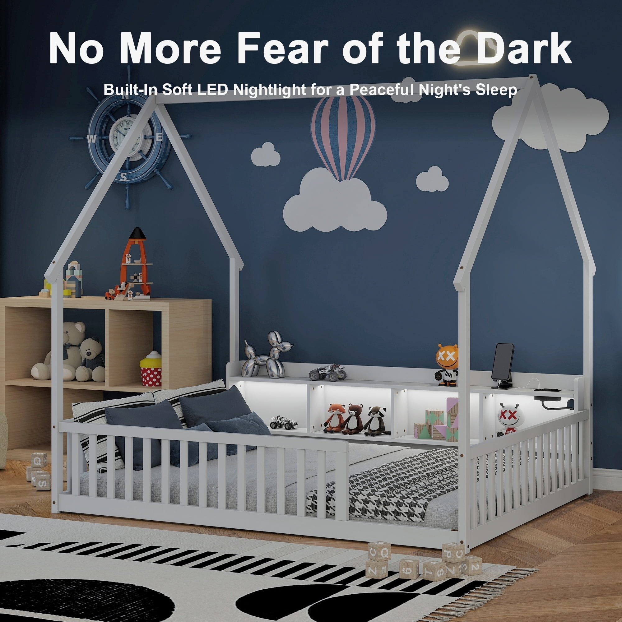 Leumius Full Size House Floor Bed with Storage Shelves,Built-in LED Lights & Charging Station,Pine Wood Floor Bed Frame with Safety Guardrails for Kids Bedroom White