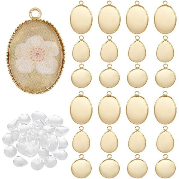 48pcs Pendant Trays for Jewelry Making Kits Transparent Glass Cabochons Real 14K Gold Plated Blank Bezel Pendant Trays 3 Styles DIY