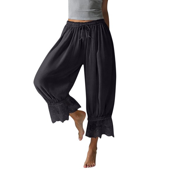 Yungyresw Women's Casual Bloomer Pants Ruffled Lace Trim Drawstring Lounge Pants Wide Leg Harem Pants Women With Pockets Black L