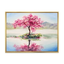 Designart 'Oriental Cherry Pink Tree Sakura On The Lake' Lake House Framed Canvas Wall Art Print