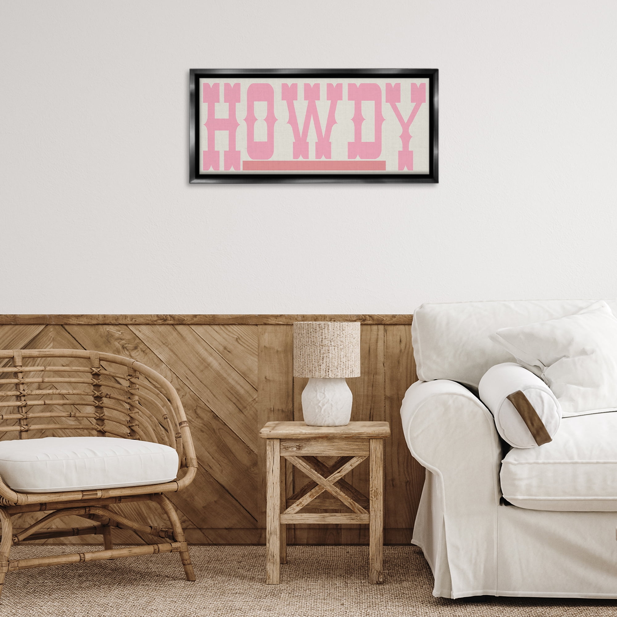 Stupell Industries Howdy Pink Text Typography Painting Black Floater Framed Canvas Art Print Wall Art, 25 x 11