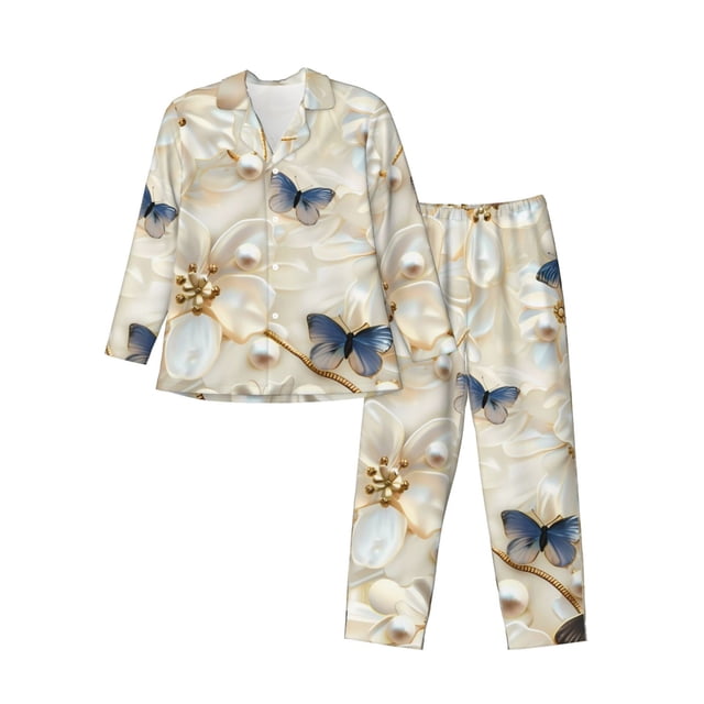 Balery Elegant Butterflies And Pearls Pijama para Hombre de Dos Piezas con Manga Larga, Conjunto de Dormir y Descanso Suave con Bolsillos-XX-Large
