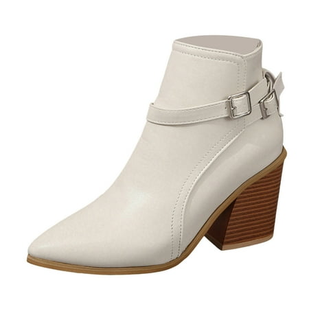 OJSFQUFP Womens Booties Ladies Fashion British Leather Pointed Zipper Thick High Heel Short Boots Comfortable Shoes Womens Chelsea Boots White 37