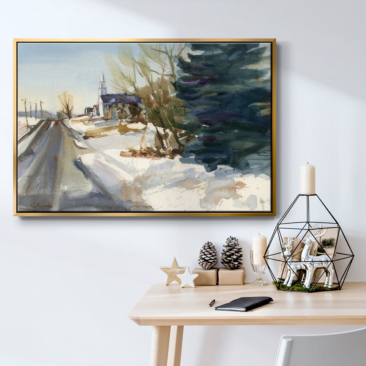Congregational Church in Winter - Framed Gallery Wrapped Holiday Canvas - 17 x 25 - Gold Frame