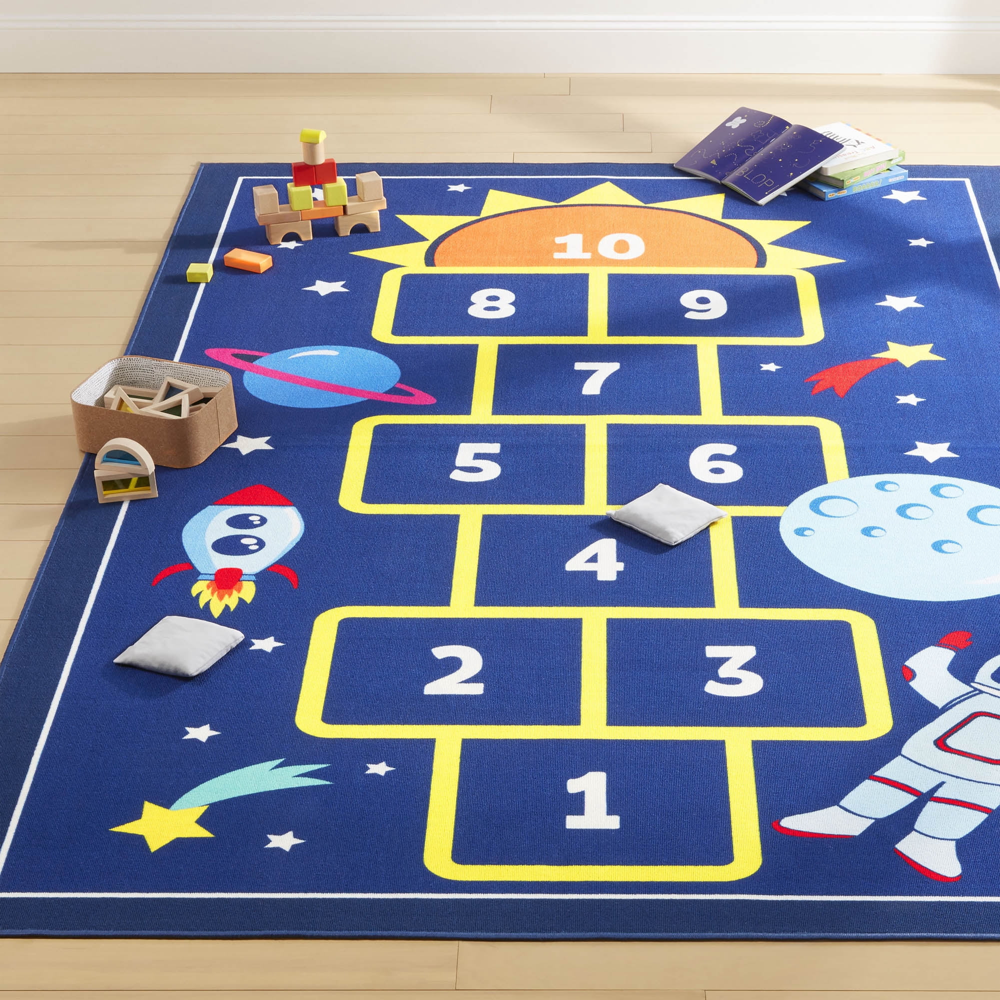 Everwash™ Imagine Hopscotch Space Kids Machine Washable Area Rug, Blue/Yellow, 6'x9'