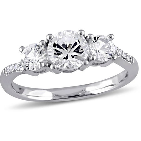 Miabella 1-5/8 Carat T.G.W. Cushion-Cut Created White Sapphire and Diamond-Accent 10kt White Gold Three-Stone Engagement Ring