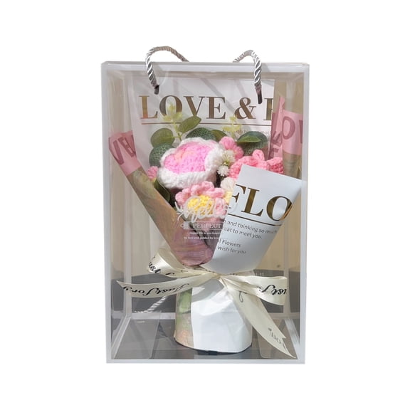 Crochet Flowers Bouquet with Bag - Hand Knitted Wool Flower Rose Small Bouquet Box Bouquet Valentine's Day, Handmade Crochet Flower for Valentine, Wedding, Birthday, Gift for Wife, Friend, Teacher